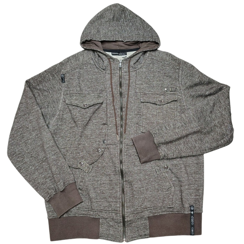Rocawear Urban Streetwear Y2K Style Zip Up Hoodie Men Large Brown Marl Textured